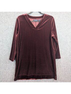 Lands End Burgundy Velvet Tunic Dress V-Neck Size Medium 10-12 Long Sleeve
